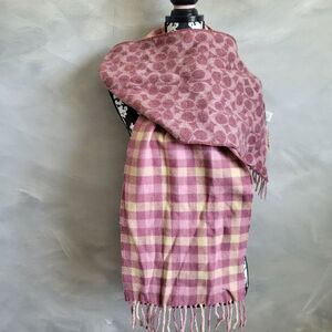 Coach Reversible Monogram Gingham Checkered Pink Purple 100% Wool Scarf Fringe